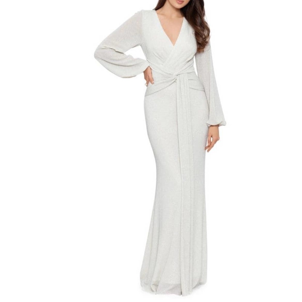 NWT BETSY & ADAM Long Sleeve Glitter Sheath Gown Size 8